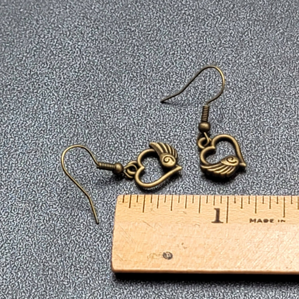 Pierced Earrings Bronze tone Open Winged Heart Dainty Dangle 1/2"