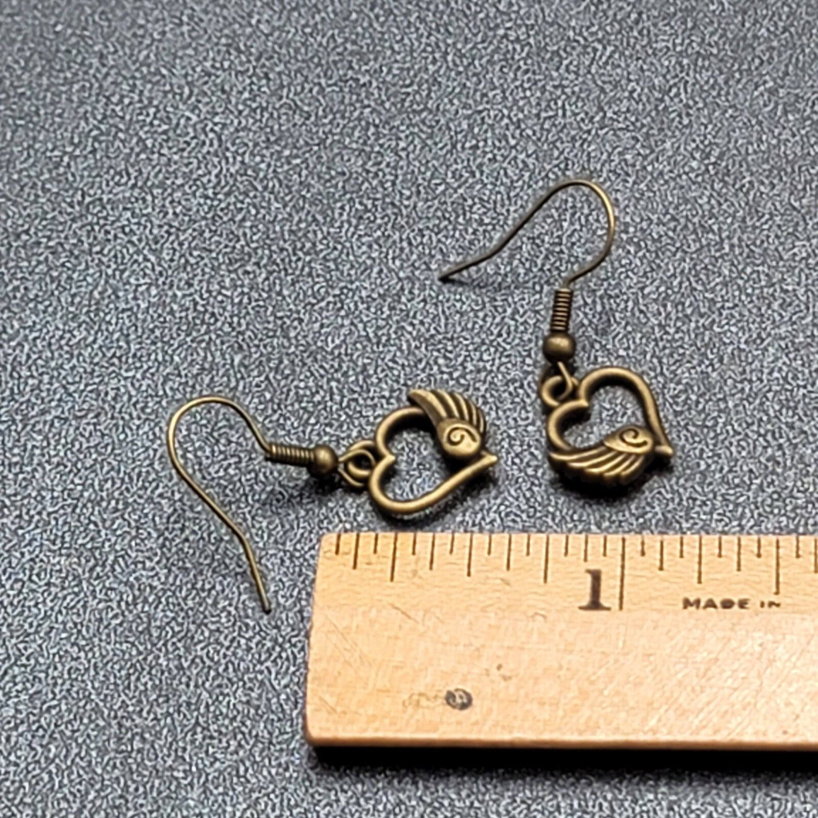 Pierced Earrings Bronze tone Open Winged Heart Dainty Dangle 1/2"