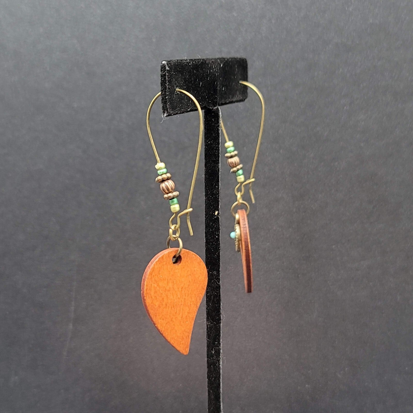 New Boho Pierced Earrings Gold tone Wood Leaf Beaded Dangle 2.75"