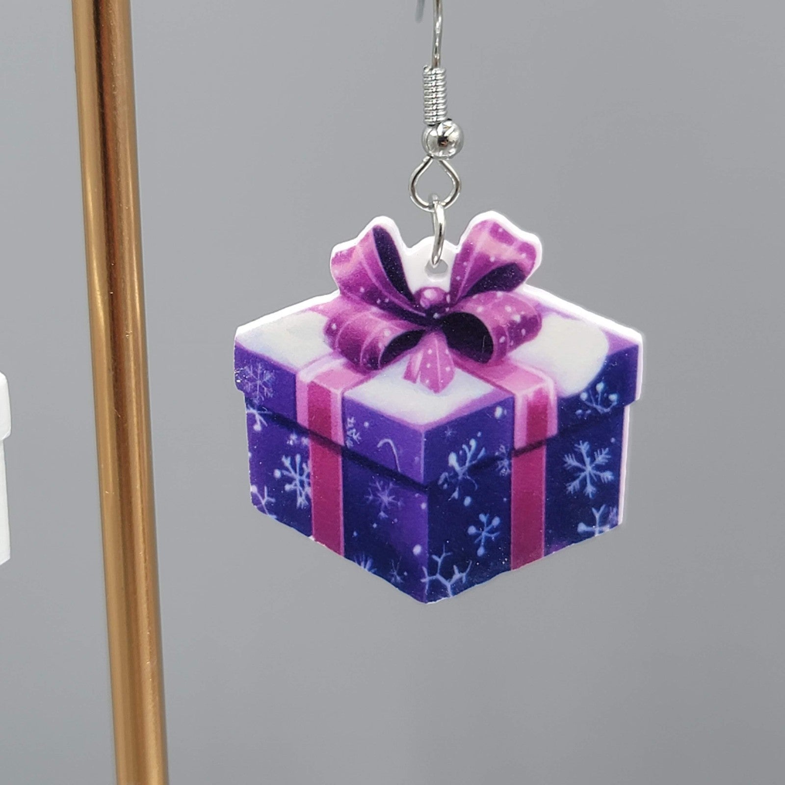 Christmas Present Pierced Earrings Silver tone Dangle Purple Pink 1.25 in