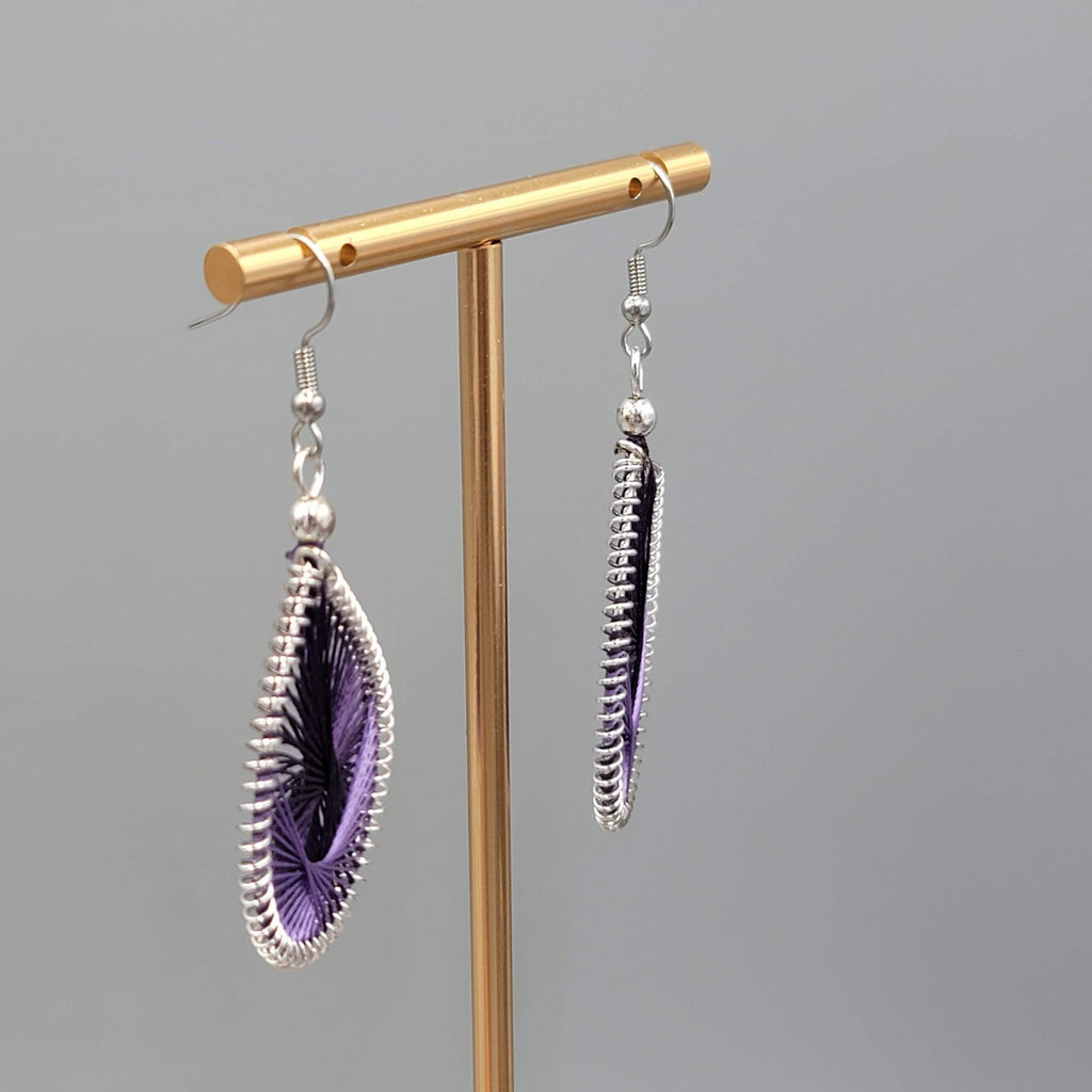 Purple String Art Pierced Earrings Silver tone Dangle 1.75 in