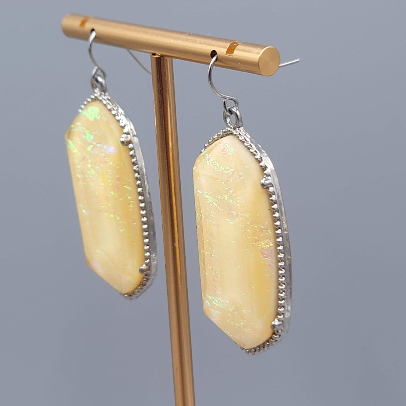 Yellow Glitter Resin Pierced Earrings Silver tone Dangle 1 7/8"