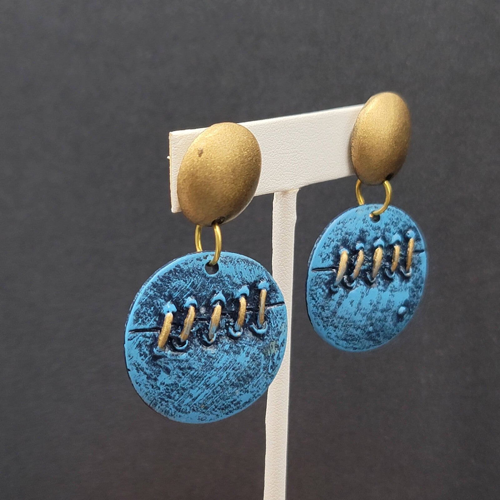 Vintage Pierced Earrings Gold tone Blue Dangle Statement 2"