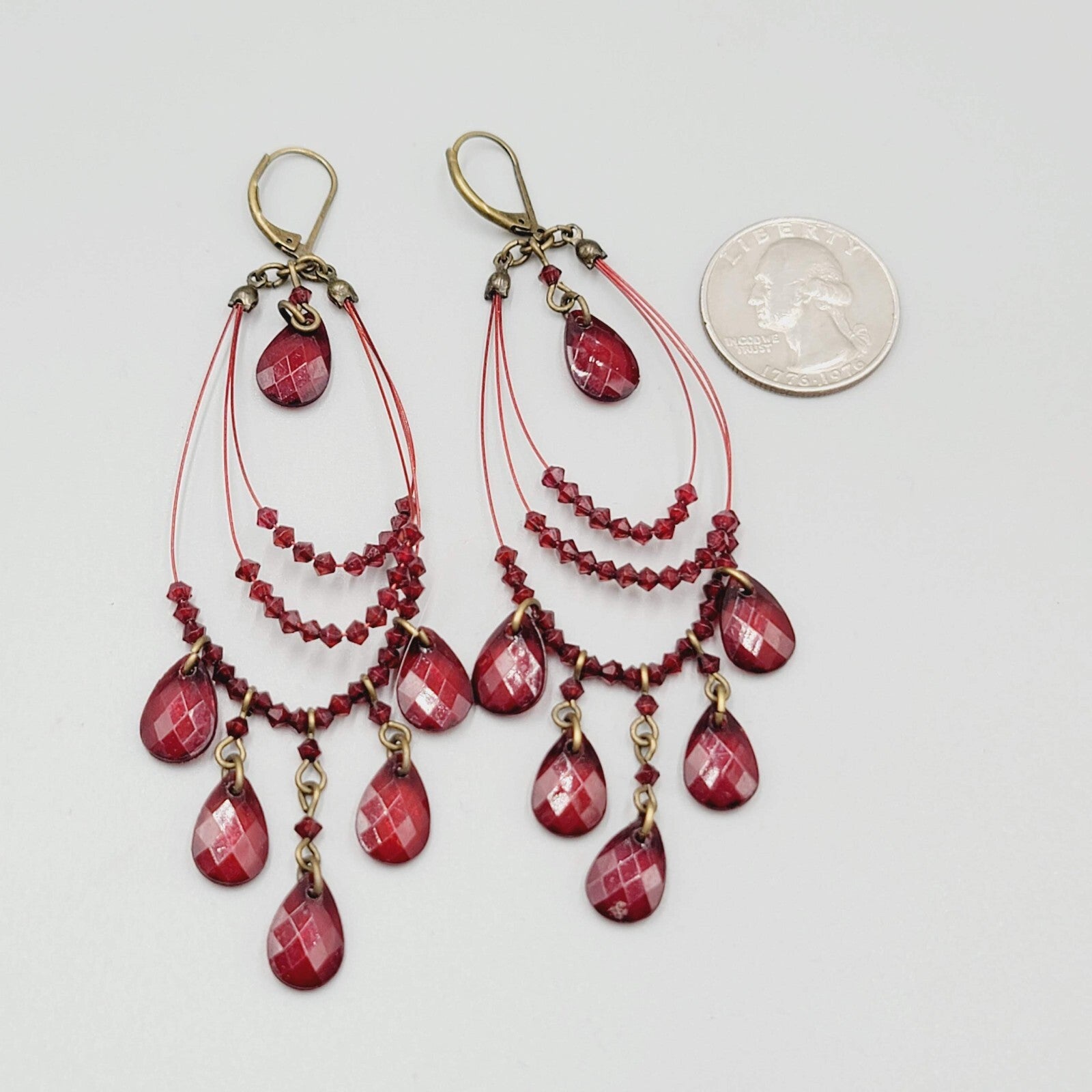 Red Bead Pierced Earrings Bronze tone Dangle Loops 3.5"