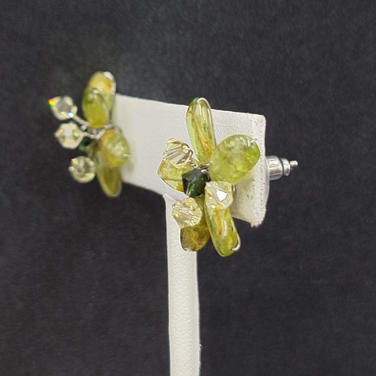 Pierced Earrings Green Stone Artisan Made Flower Studs 3/4"