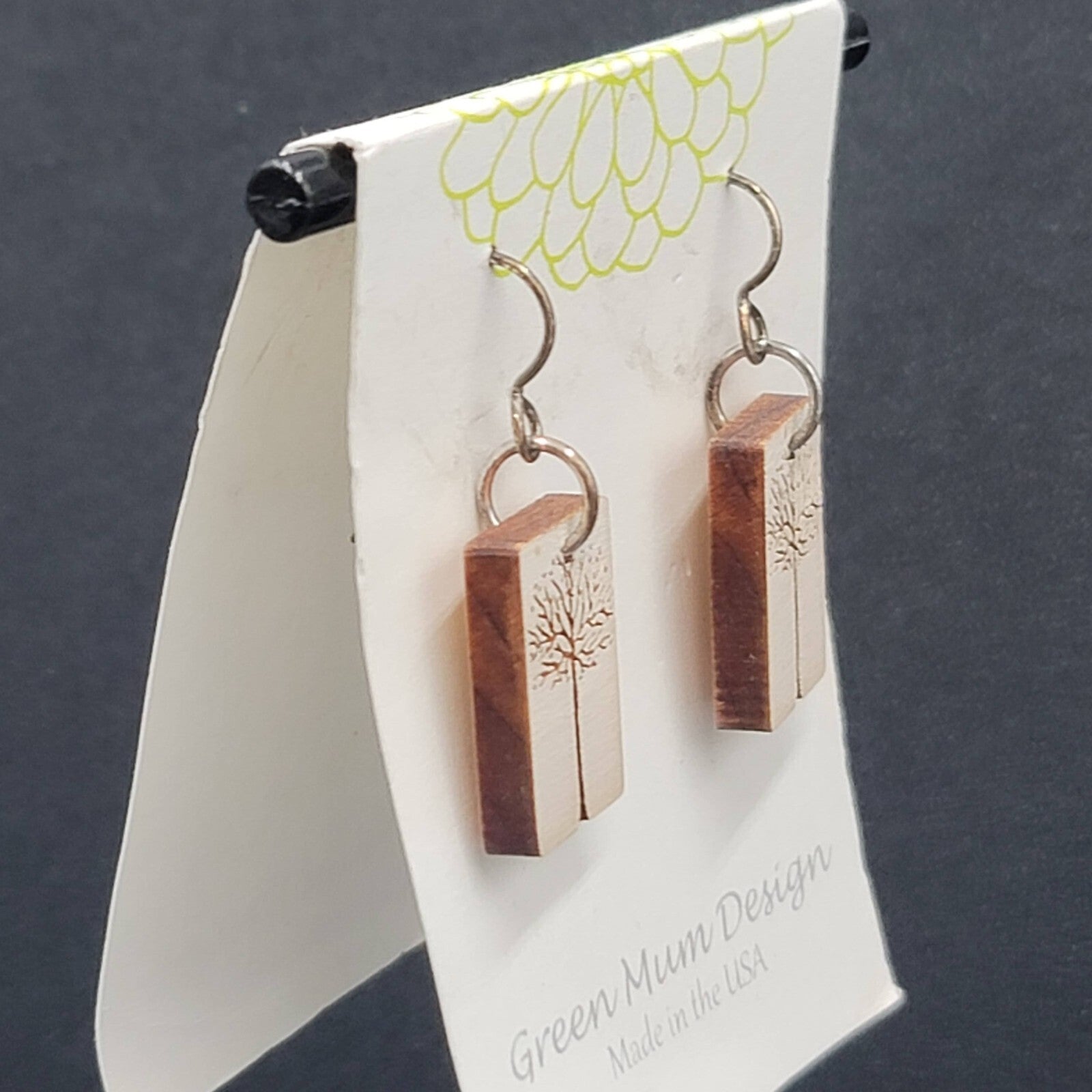 Green Mum Design Pierced Earrings Laser Cut Tree Wood Dangle 1"