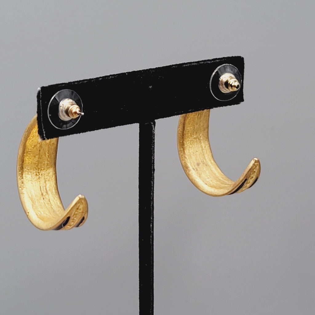 Hoop Pierced Earrings Brushed Gold Plated Black Enamel Drop 1.25"