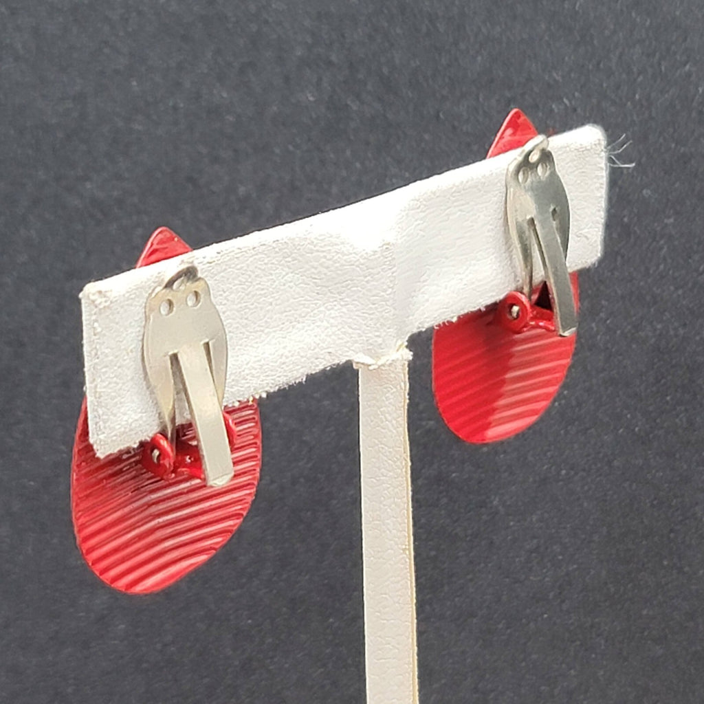 Vintage Clip on Earrings Red Enamel Ribbed Teardrop 1.25"
