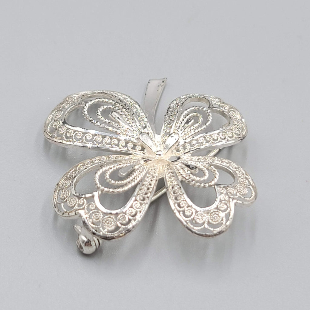 Vintage Sterling Silver Shamrock Filigree Brooch Germany 1 5/8"
