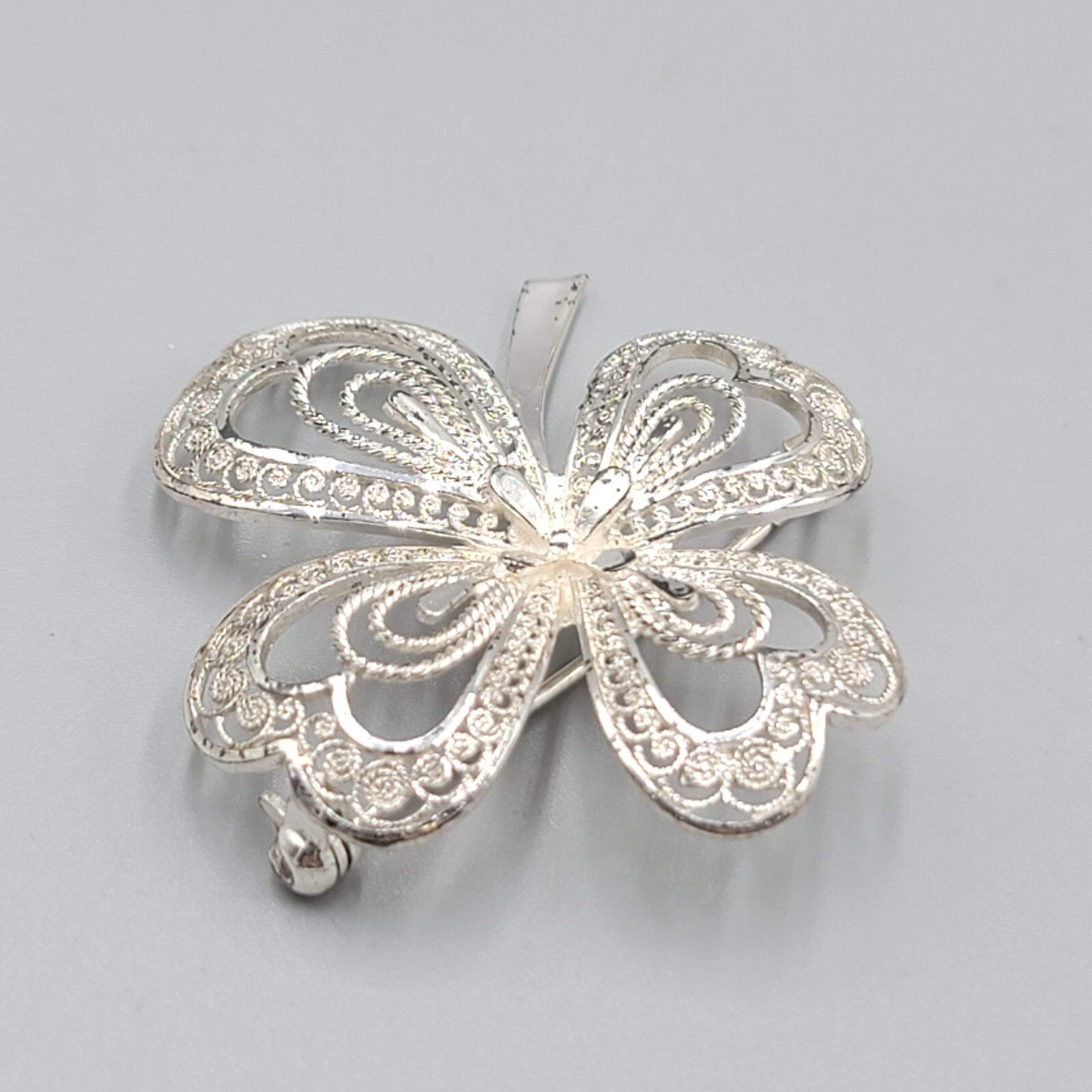 Vintage Sterling Silver Shamrock Filigree Brooch Germany 1 5/8"