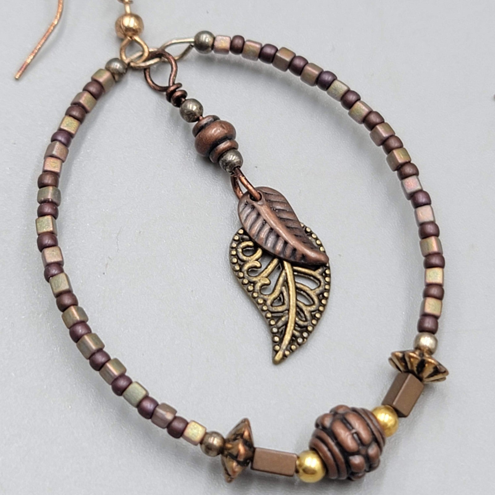 Boho Beaded Hoops Pierced Earrings Copper toen Leaf Dangle 2"