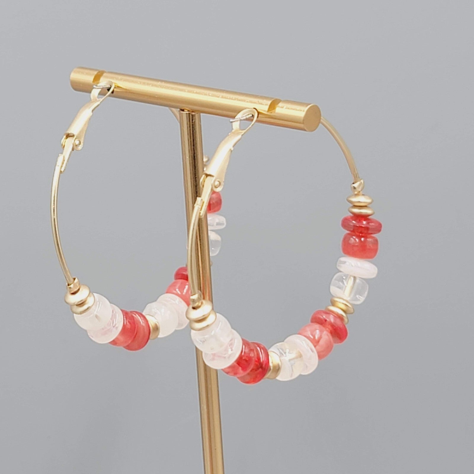 Red White Bead Pierced Earrings Gold tone Hoops 2"