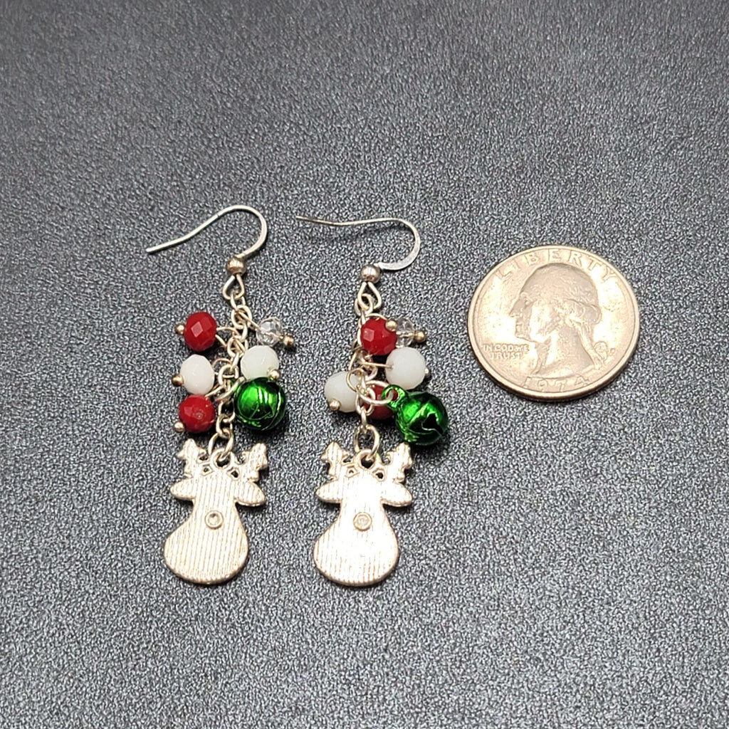 Christmas Pierced Earrings Silver tone Reindeer Jingle Bells 2"