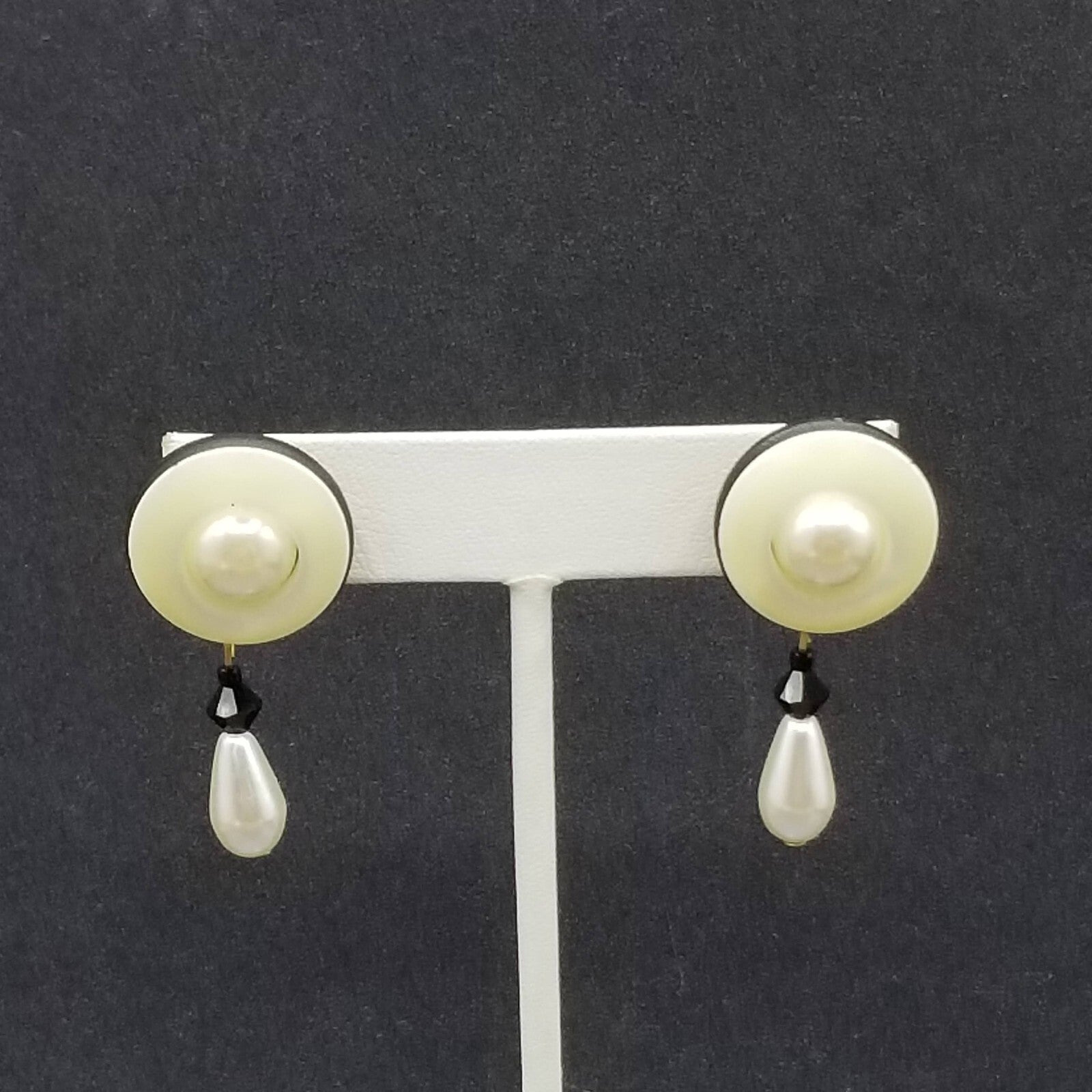 Pierced Earrings Gold tone Mother of Pearl Bead Button Style Dangle 1 5/8"