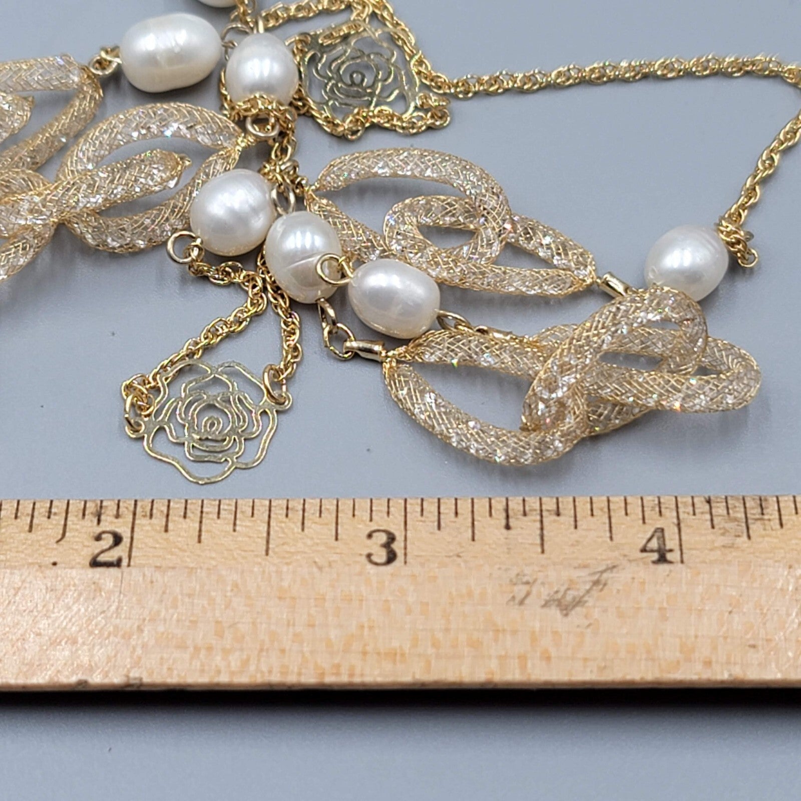 Long Dainty Pearl Necklace Gold Plated Mesh Clover Station 40"-42"