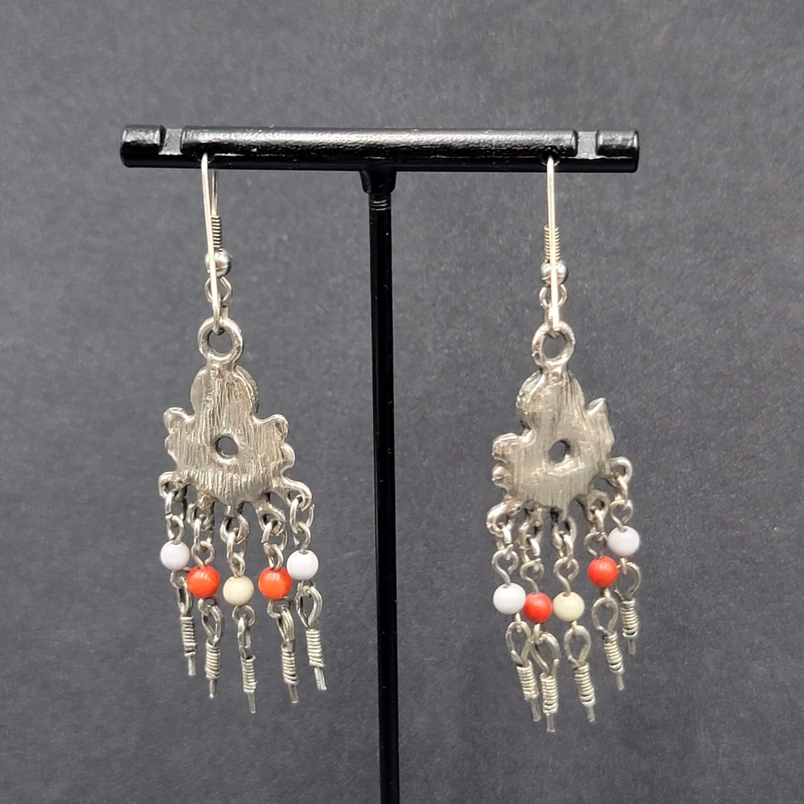 Boho Pierced Earrings Silver tone Beaded Chandelier 2.25"