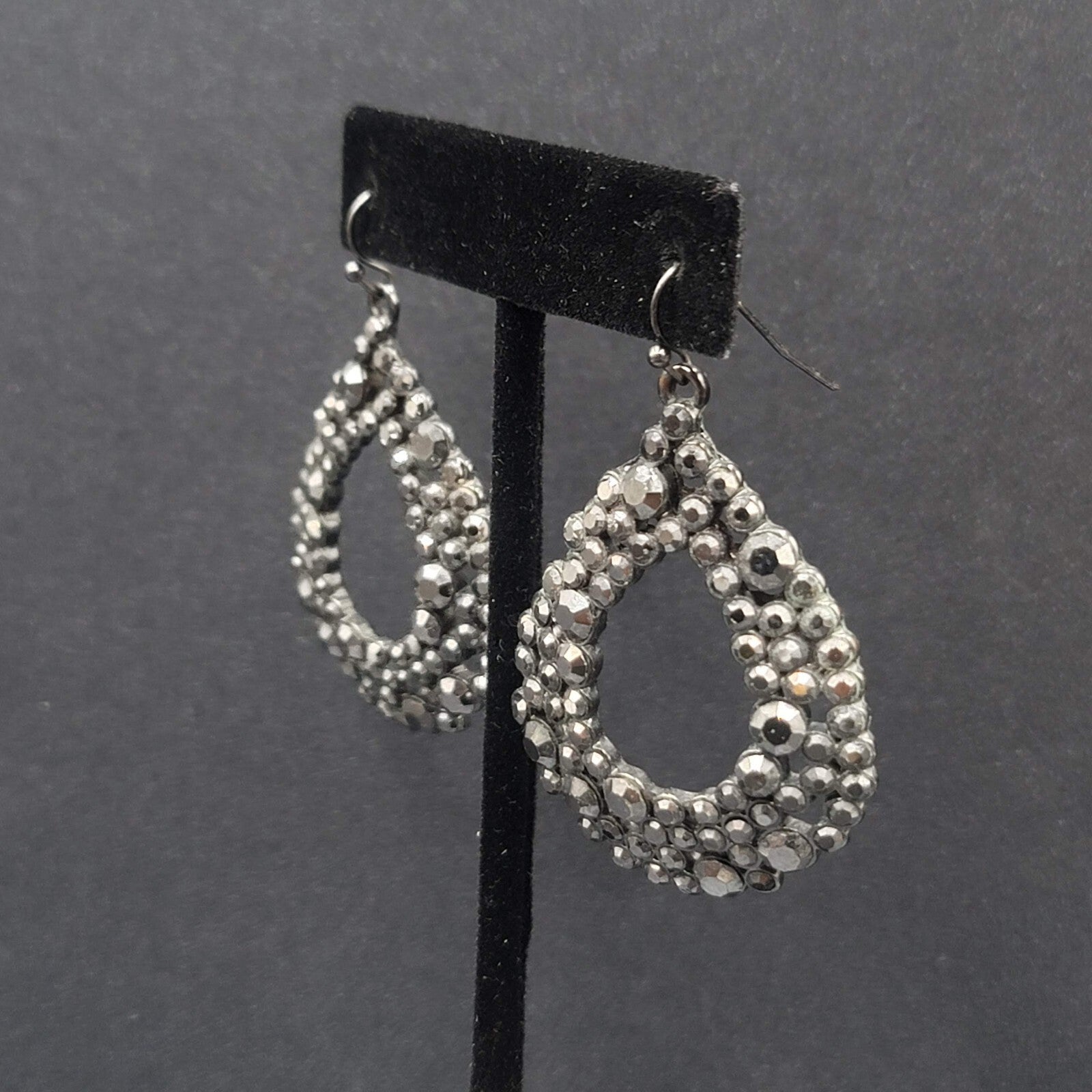 Pierced Earrings Black Metal Rhinestone Open Teardrop 1.75"