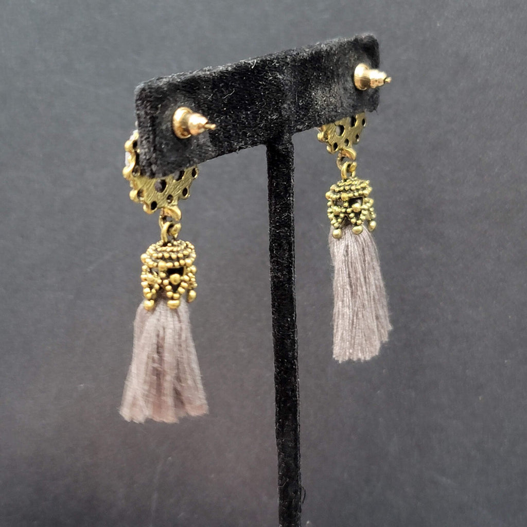 Boho Pierced Earrings Antiqued Gold tone Gray String Tassel 2"