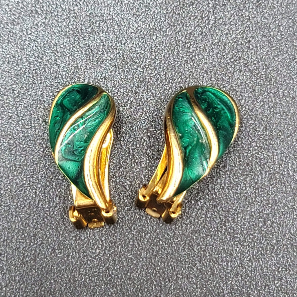 Vintage Clip on Earrings Gold tone Emerald Green Swirl Enamel Climbers 1"