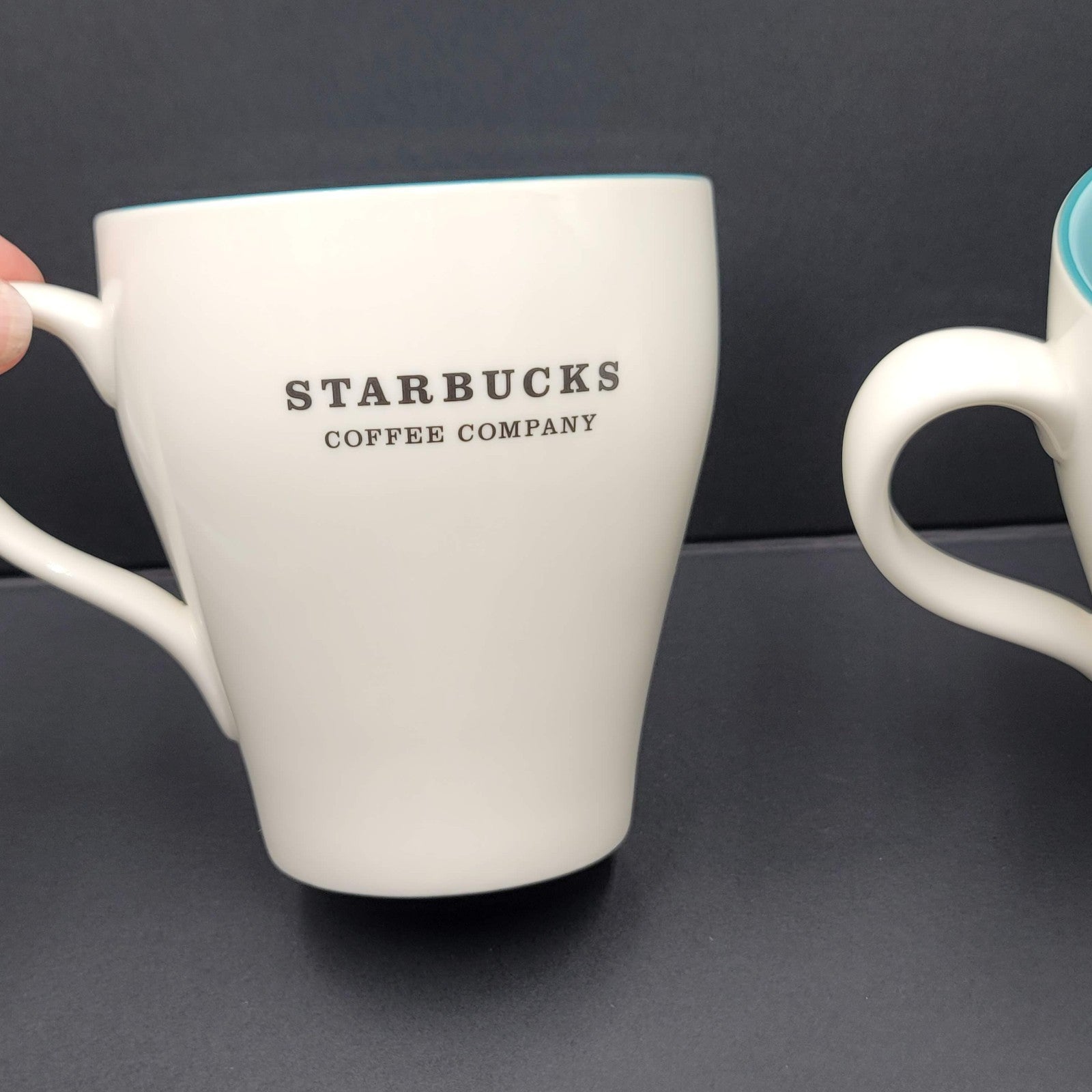 Starbucks 2007 Coffee Mug Lot of 2 Set White Sky Blue Interior 13 fl oz