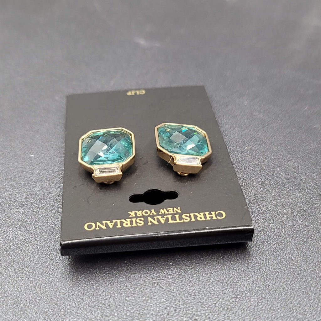 Christian Siriano New York Clip on Earrings Gold Plated Faceted Light Blue Glass