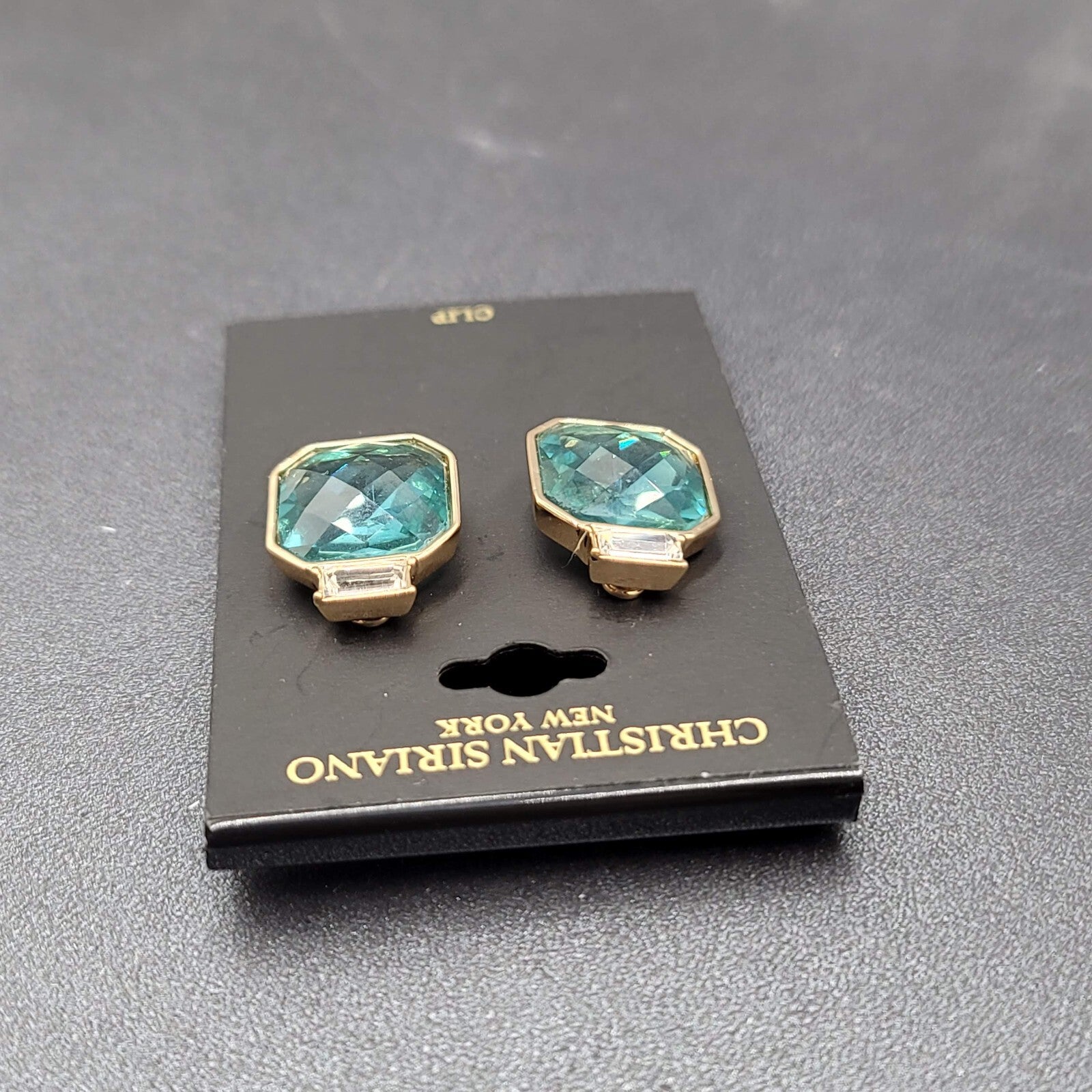 Christian Siriano New York Clip on Earrings Gold Plated Faceted Light Blue Glass
