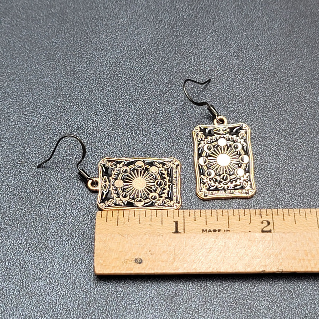 Tarot Card Pierced Earrings The Wheel of Fortune Gold tone Black 1"