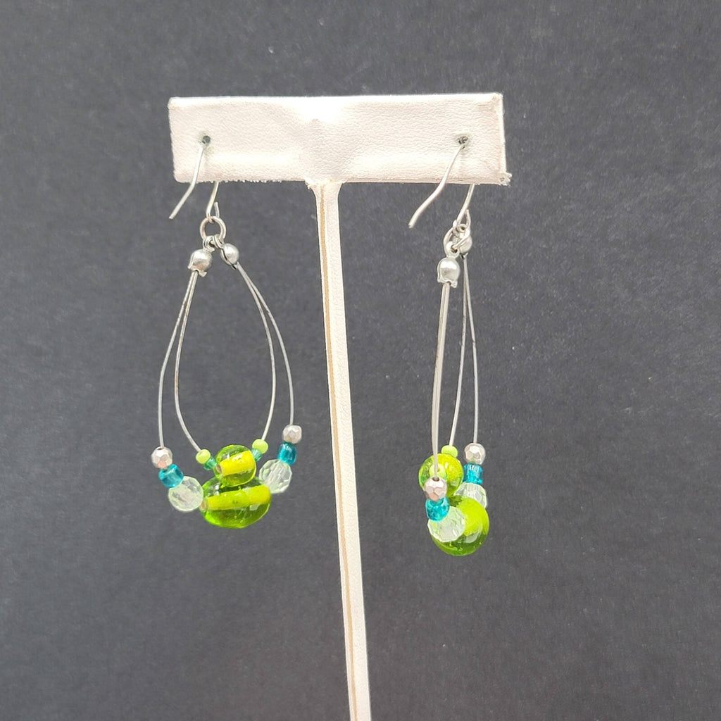 Pierced Earrings Silver tone Green Blue Glass Beads Statement Hoops 2 1/8"