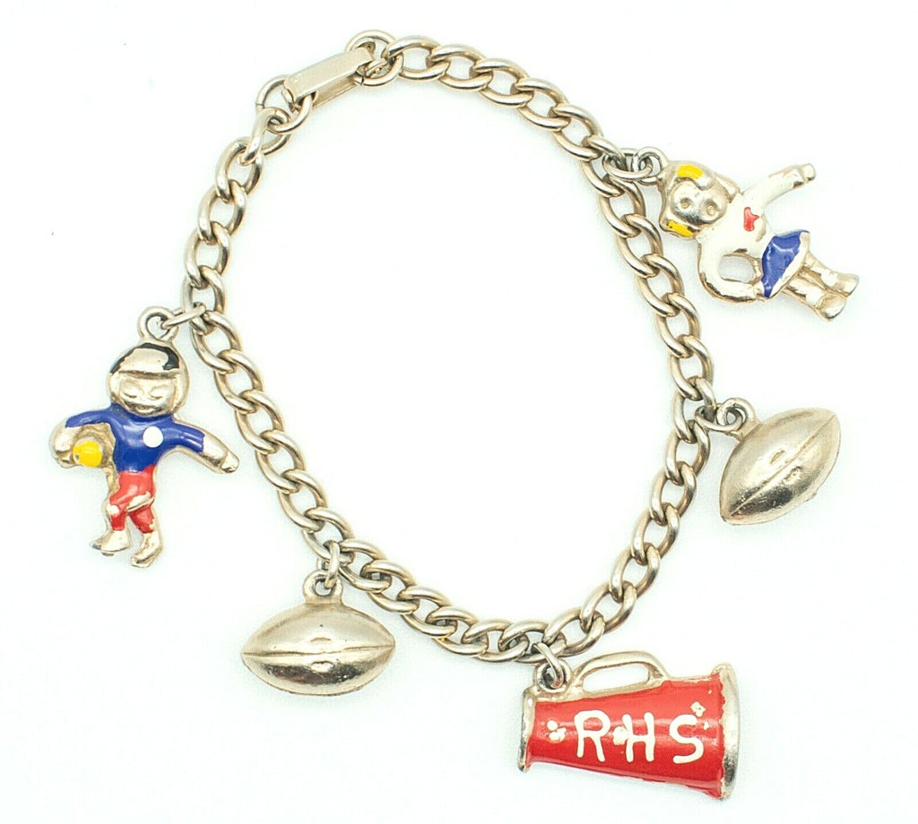 Vintage Cheerleader Football RHS Charm Bracelet Silver tone Enamel Estate 6 1/2"