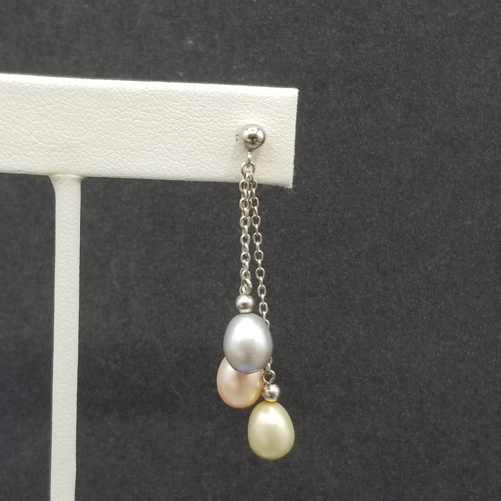 Pierced Earrings Sterling Chain Multicolor Pearl Dangle 1 3/4"