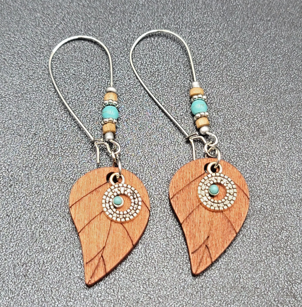 New Boho Pierced Earrings Long Hook Wood Leaf Beaded Dangle 2.75"