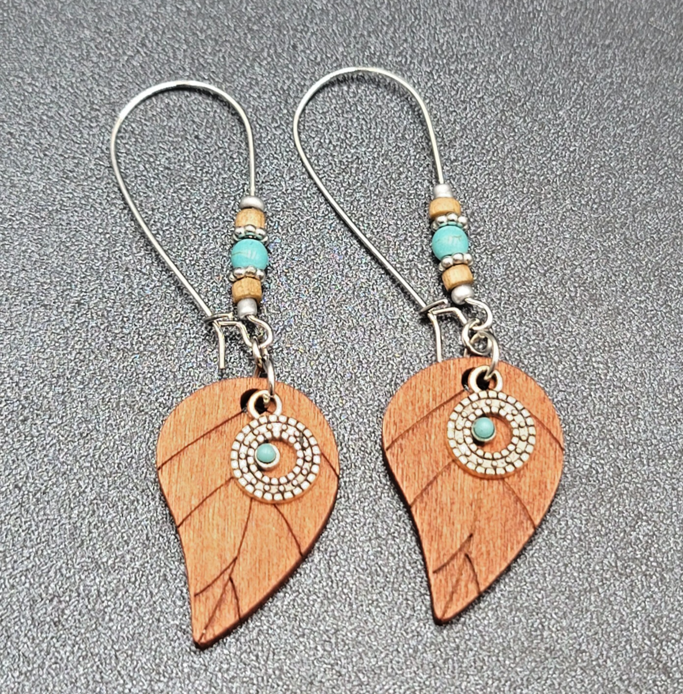 New Boho Pierced Earrings Long Hook Wood Leaf Beaded Dangle 2.75"
