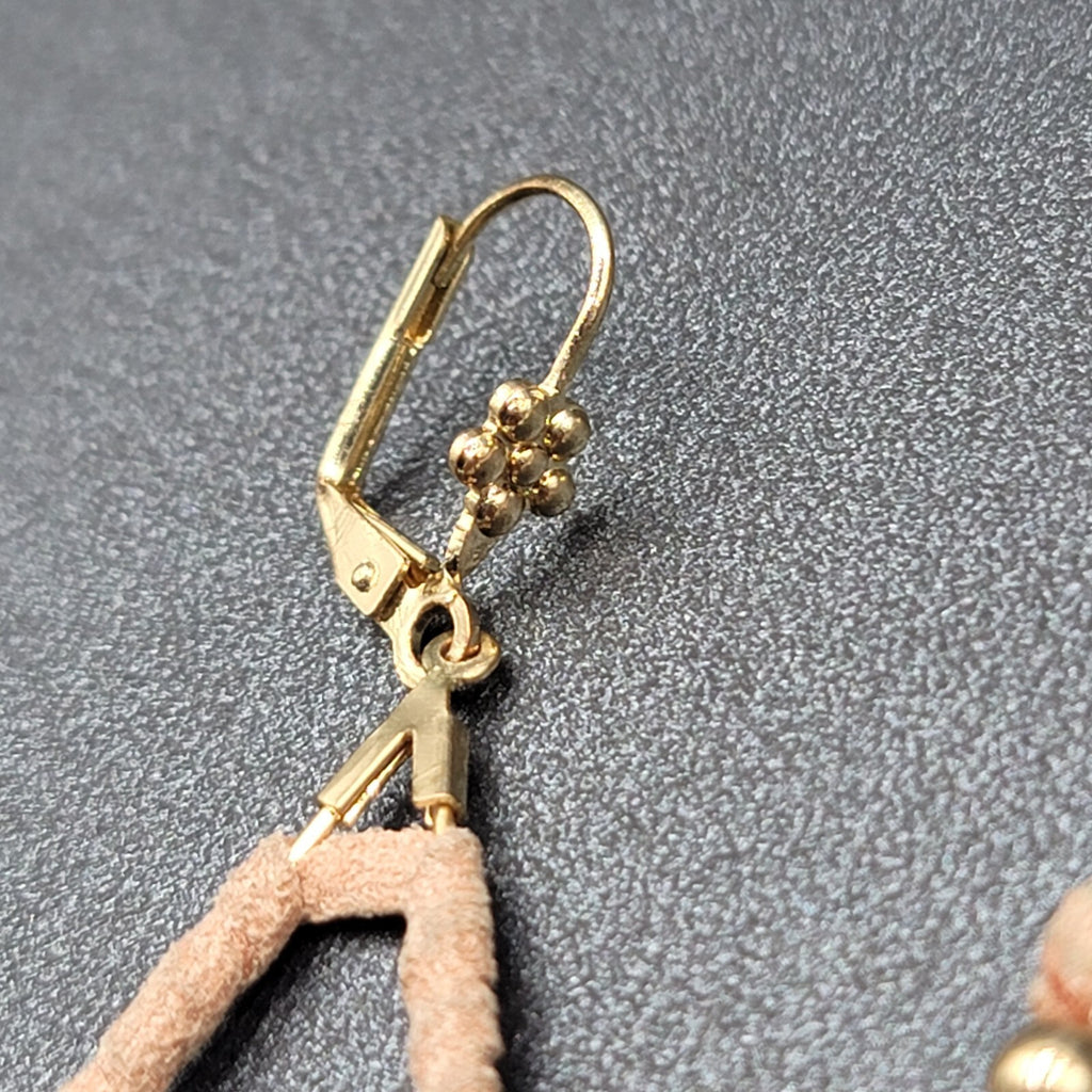 Pierced Earrings Gold tone Leather Wrapped Beaded Teardrop Dangle 2.25"