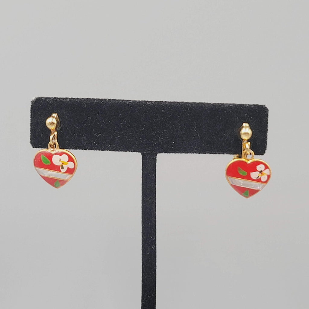 Vintage Red Heart Dangle Clip on Earrings Gold tone Flower 1/2"