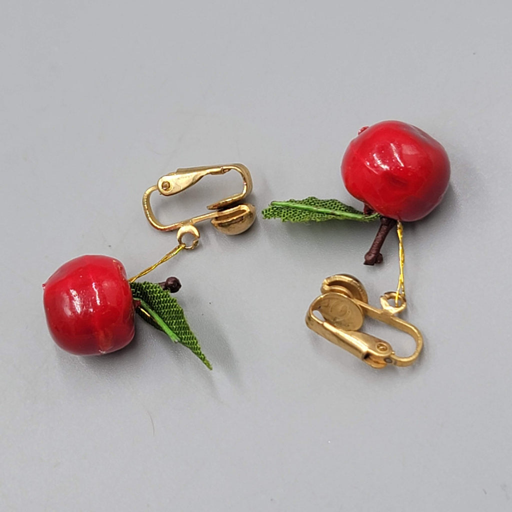 Vintage Apple Clip on Earrings Gold tone Dangle 1 in