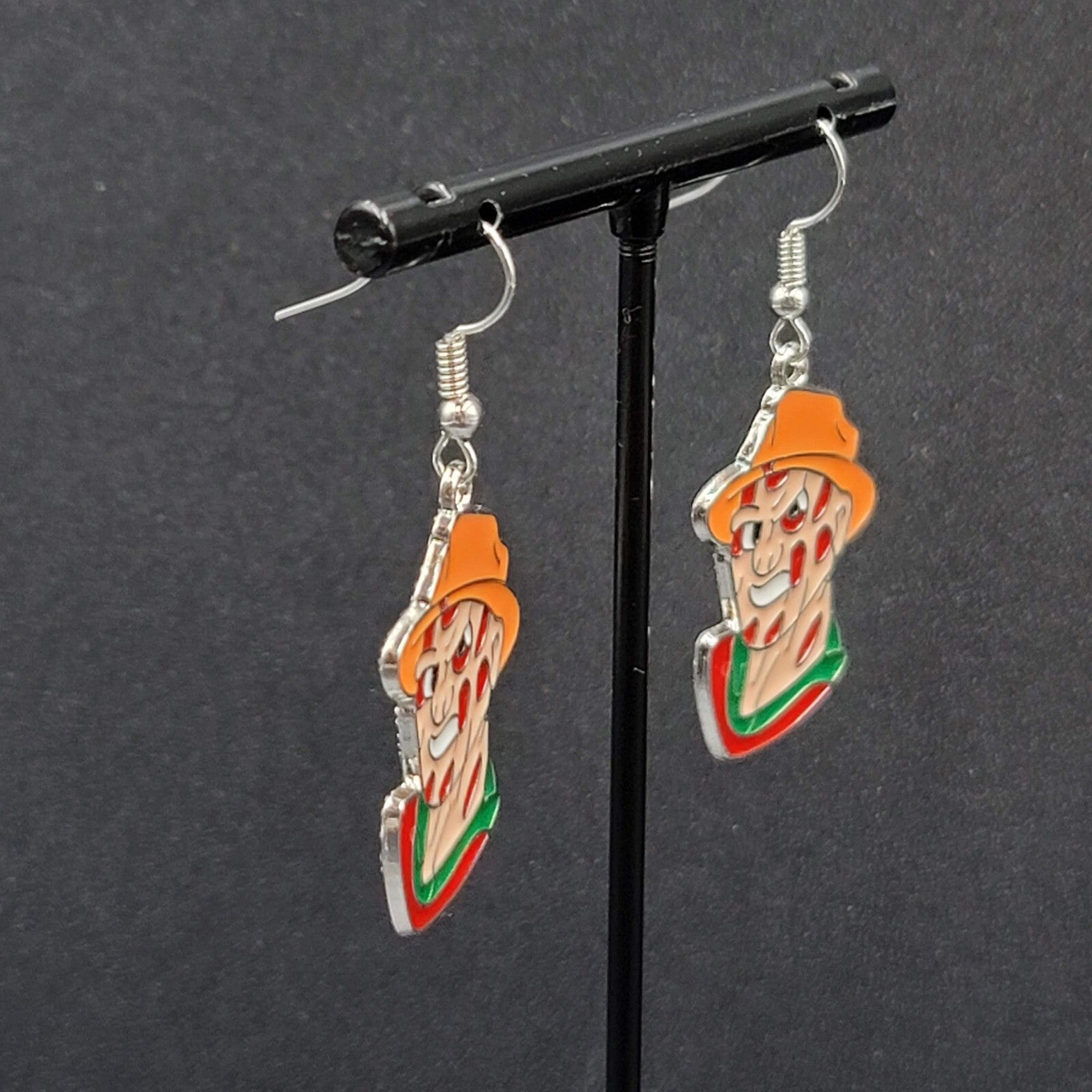Freddy Krueger Pierced Earrings Enamel Silver tone Horror Movie Dangle 1.25" FS