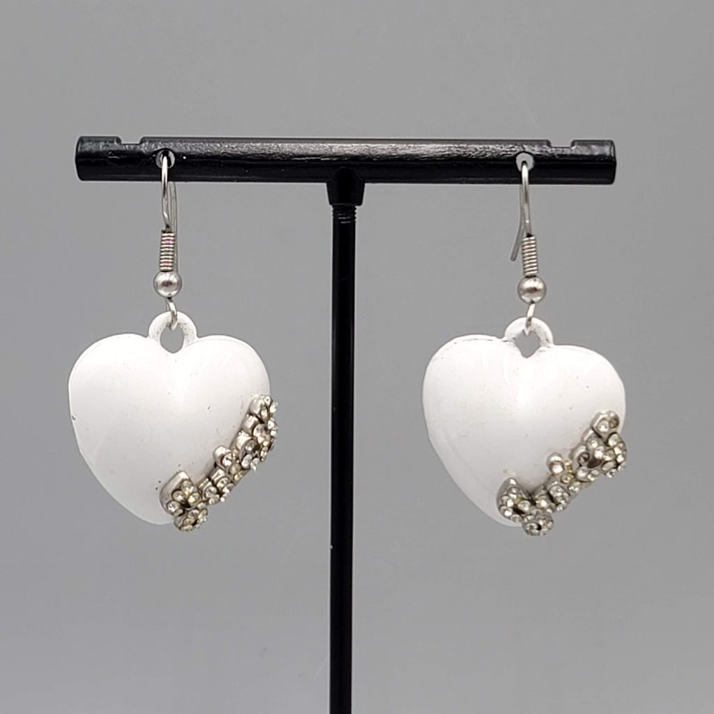 Juicy Pierced Earrings White Enamel Puffy Hearts Rhinestones Silver tone Dangle 