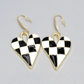 Black White Enamel Checkered Heart Pierced Earrings Gold tone  Dangle Large 1.5"