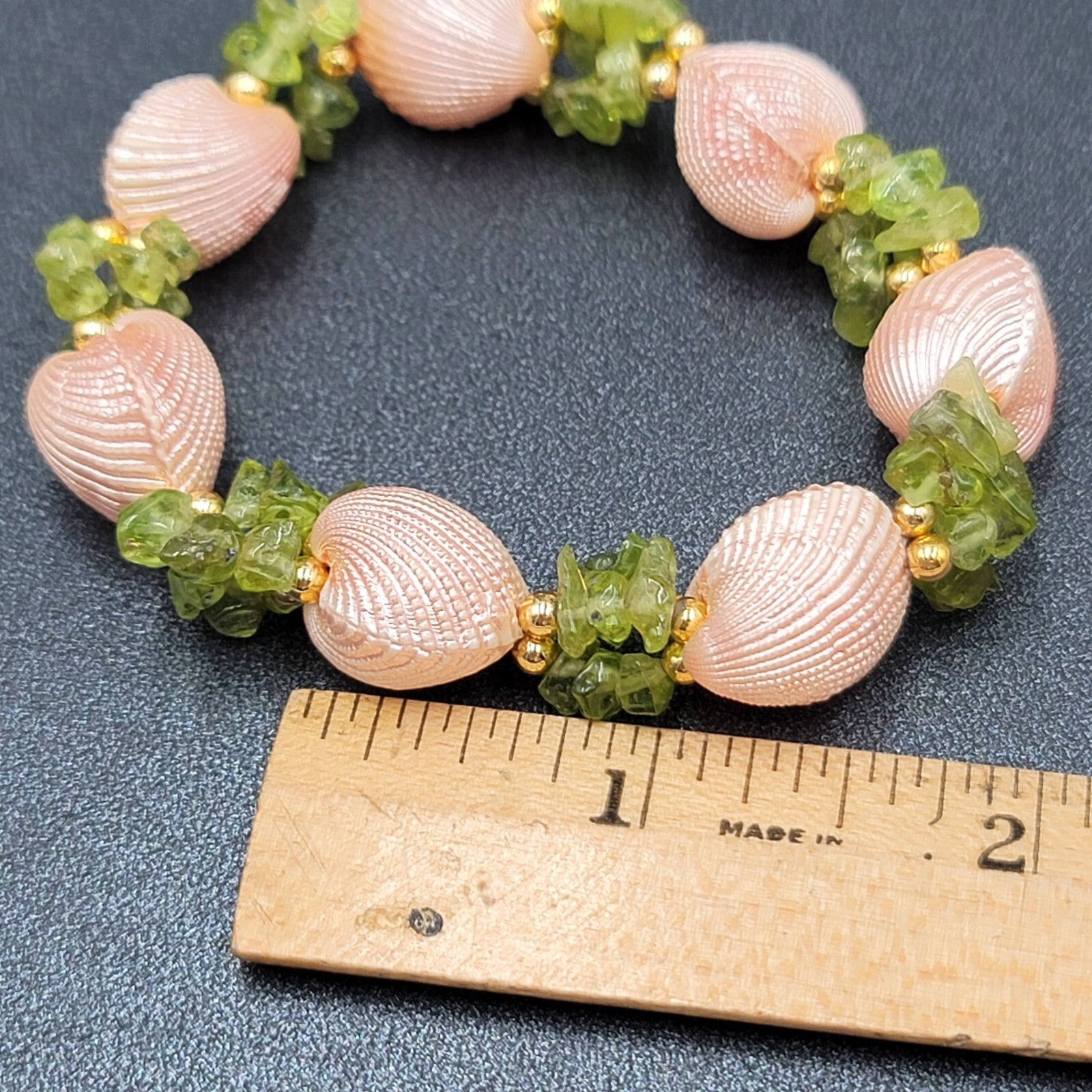 Real Seashell Bracelet Painted Pink Green Chip Gemstones Elastic  7"