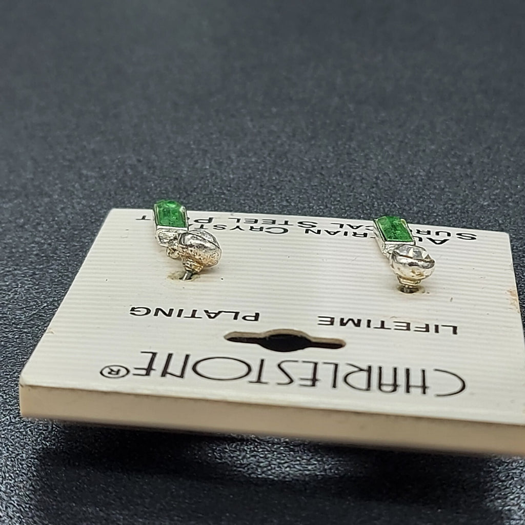 Charleston Pierced Earrings Austrian Green Crystal Silver tone Dangle 3/4"