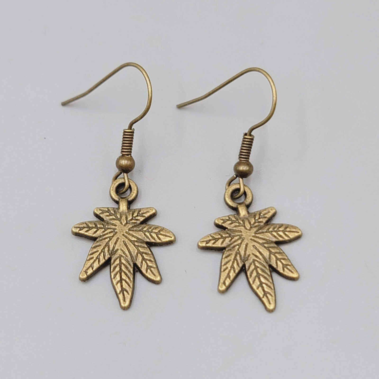 Marijuana Leaf Weed 420 Pierced Earrings Bronze tone Dangle 3/4"