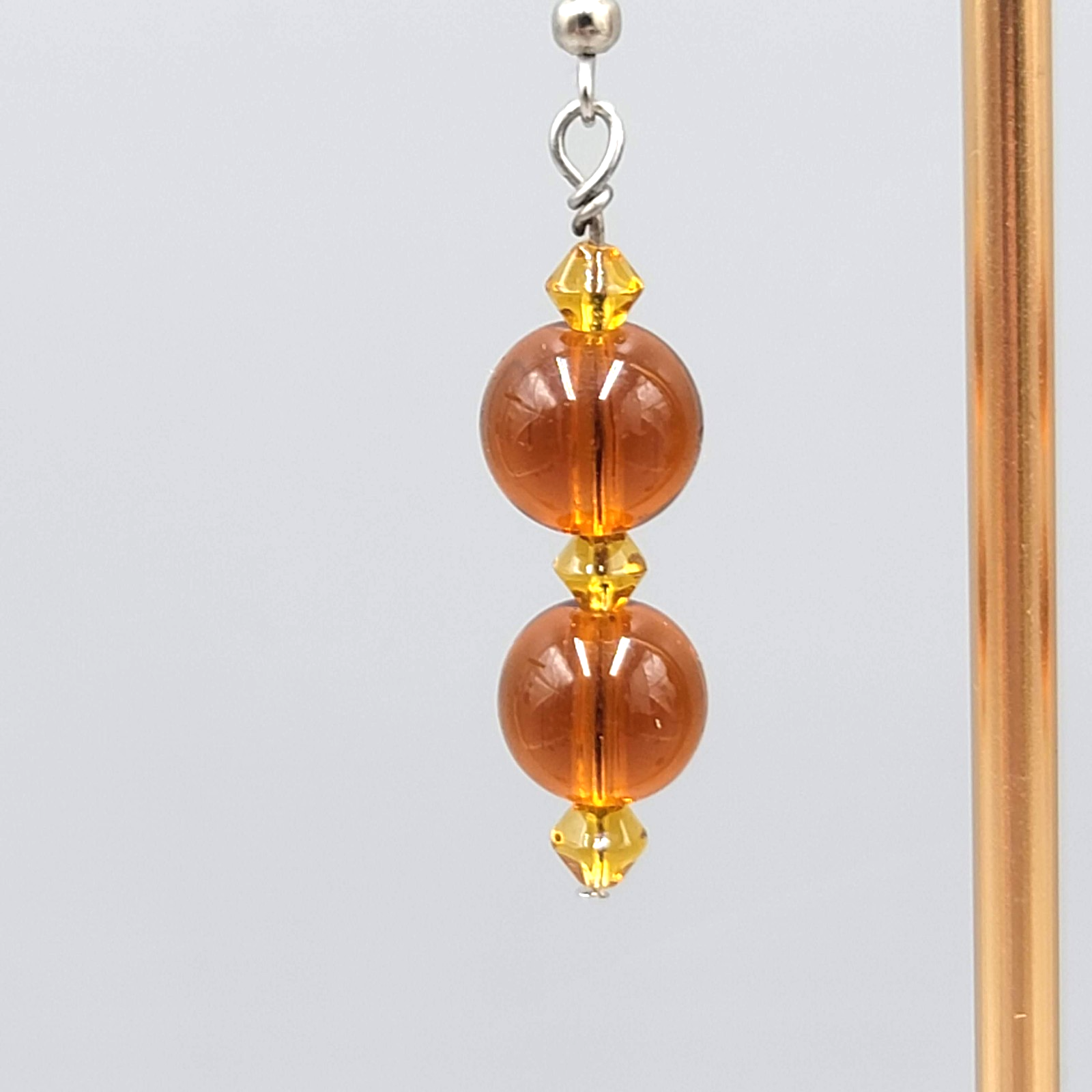 Brown Glass Bead Pierced Earrings Silver tone Dangle 1.5 in