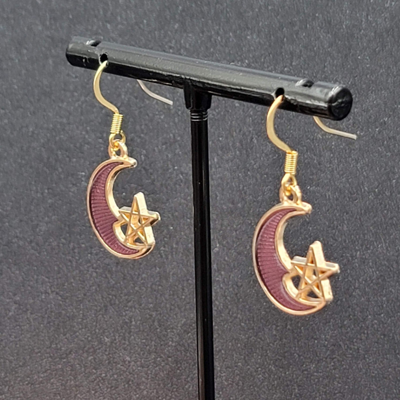 New Moon Star Pierced Earrings Gold tone Purple Enamel Dangle 3/4"