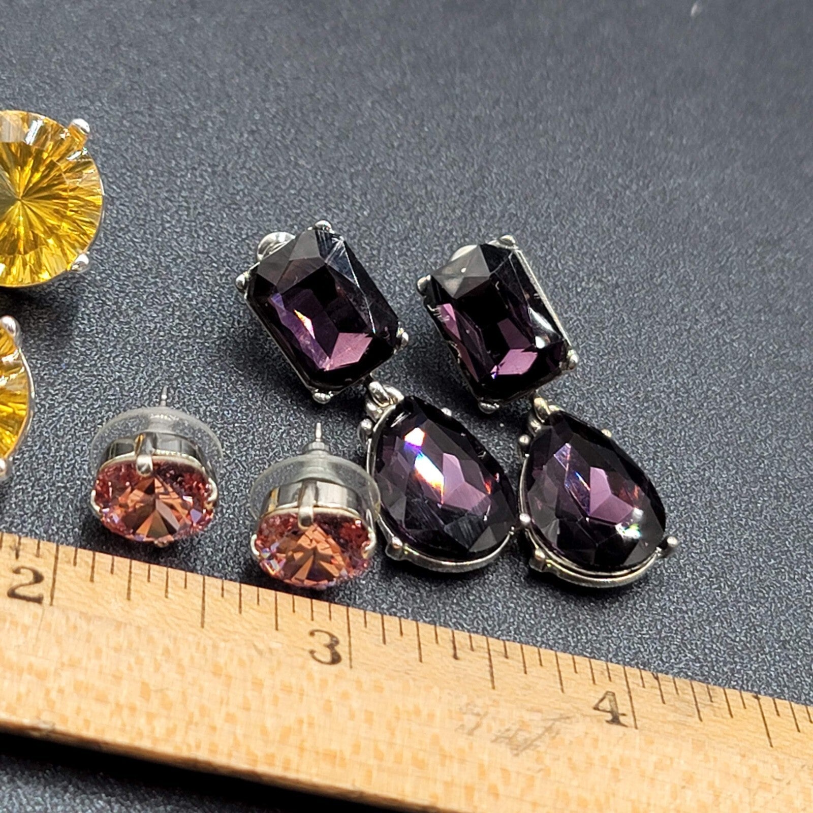 Lot of 4 Pierced Earrings Green Yellow Purple Pink Crystal Dangle Studs