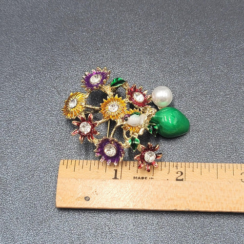 Crystal Rhinestone Flower Bouquet Brooch Pendant Green Enamel Multicolor 2.25"