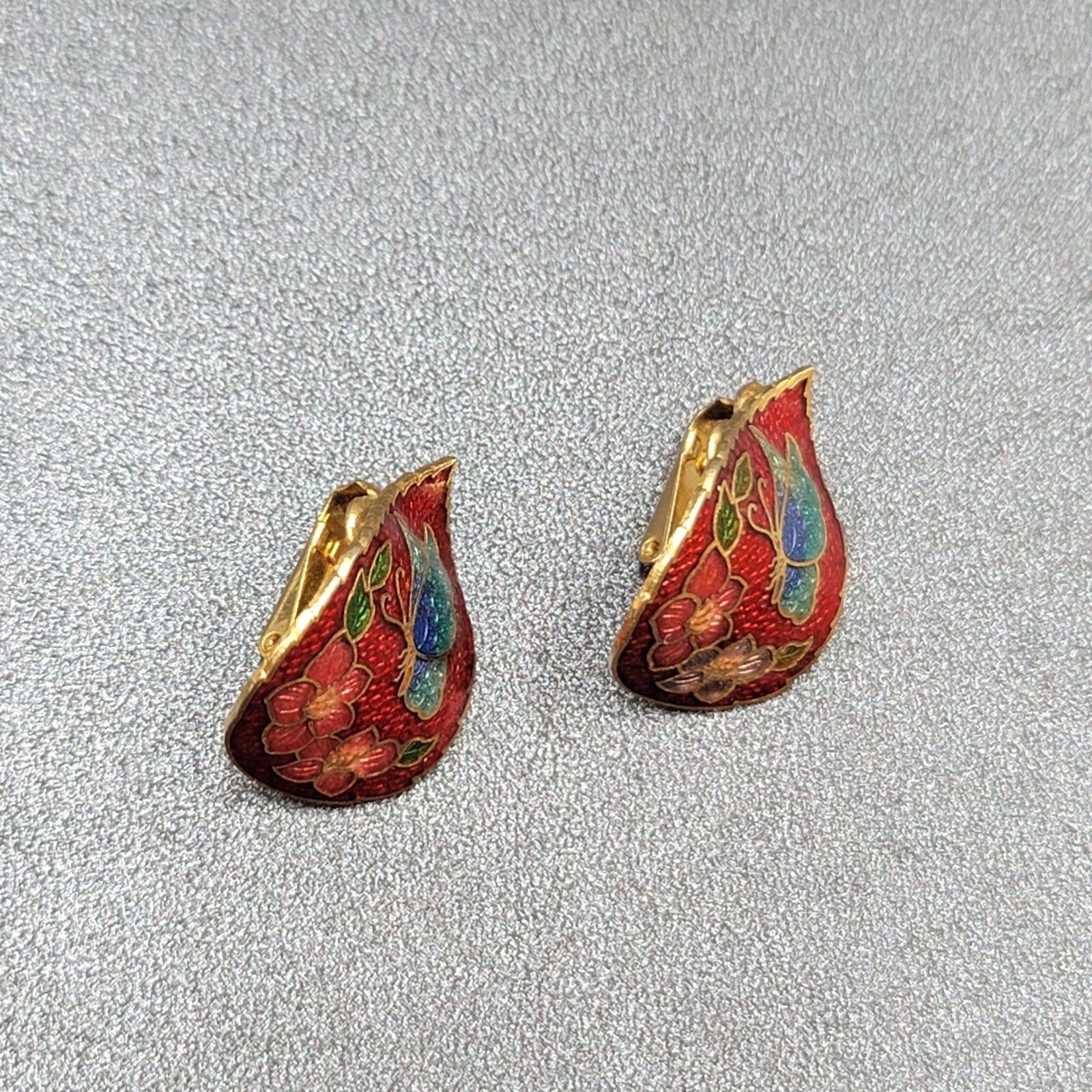 Vintage Clip on Earrings Cloisonne Enamel Flower Butterfly Red Drop 1"