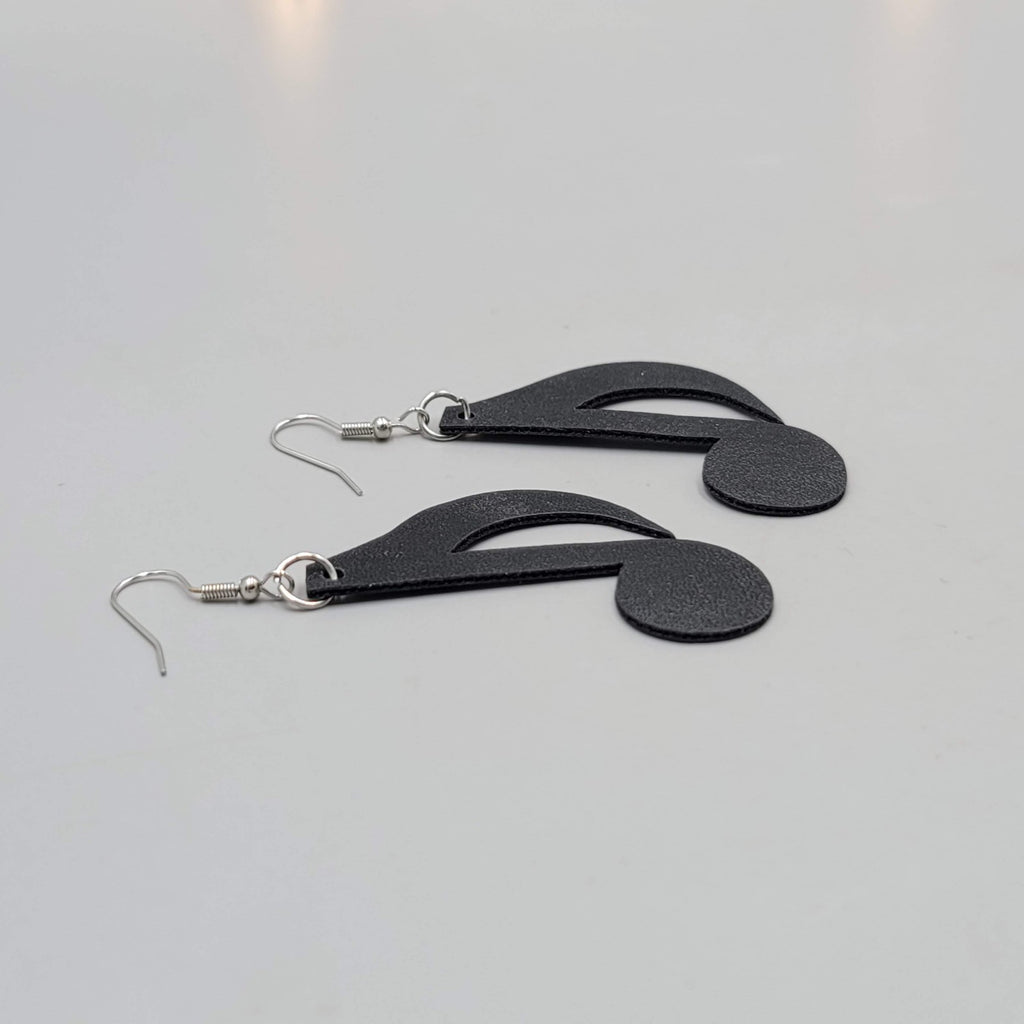 Eigth Note Black Faux Leather Music Pierced Earrings Silver tone Dangle 2"