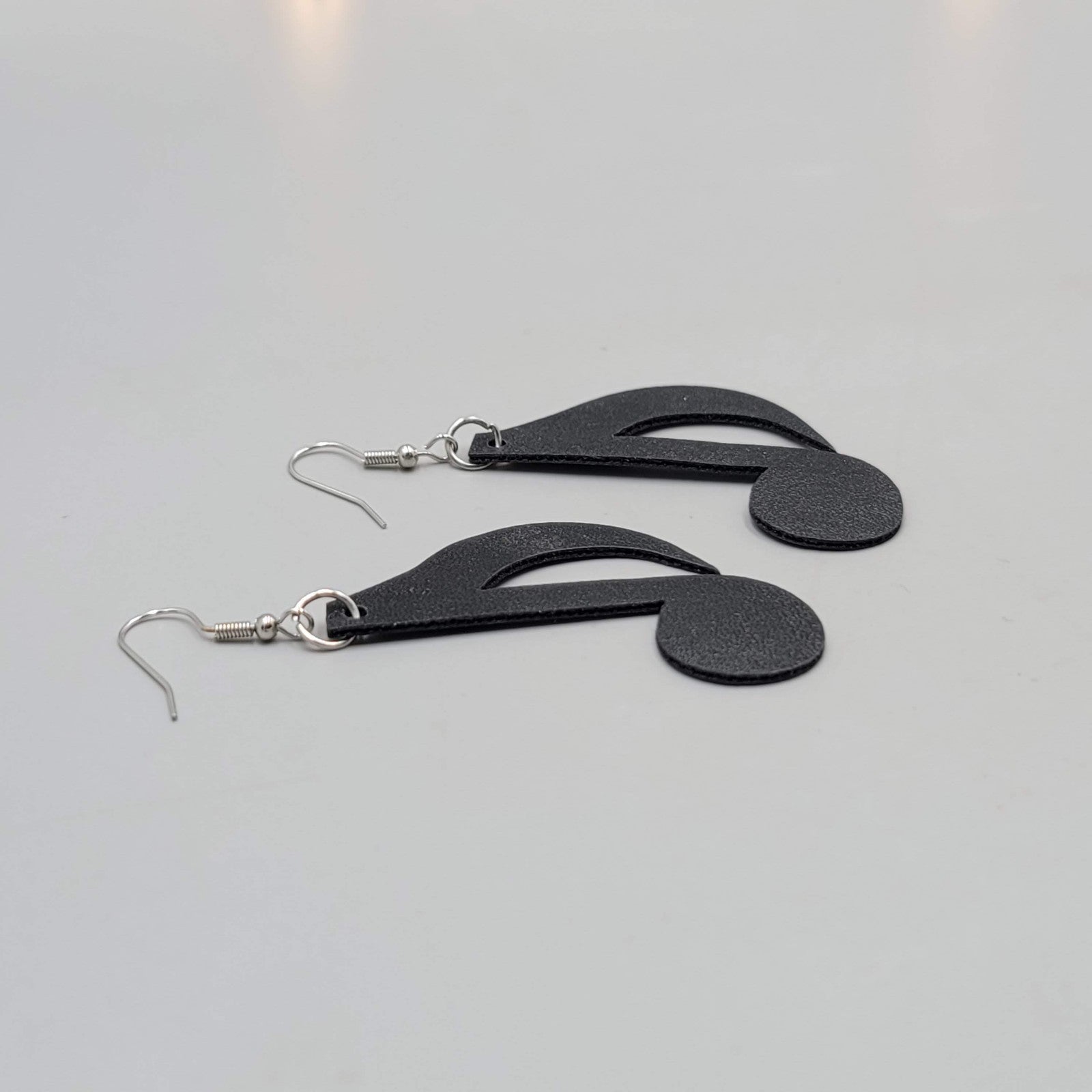 Eigth Note Black Faux Leather Music Pierced Earrings Silver tone Dangle 2"