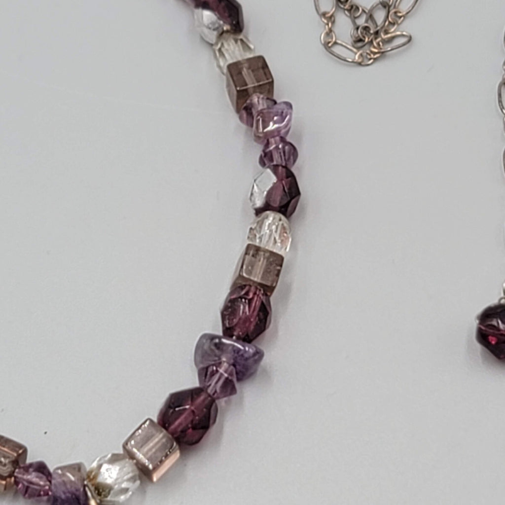 Sterling Silver Necklace Bead Amethyst Y Drop Unique Chain Mother of Pearl 18"