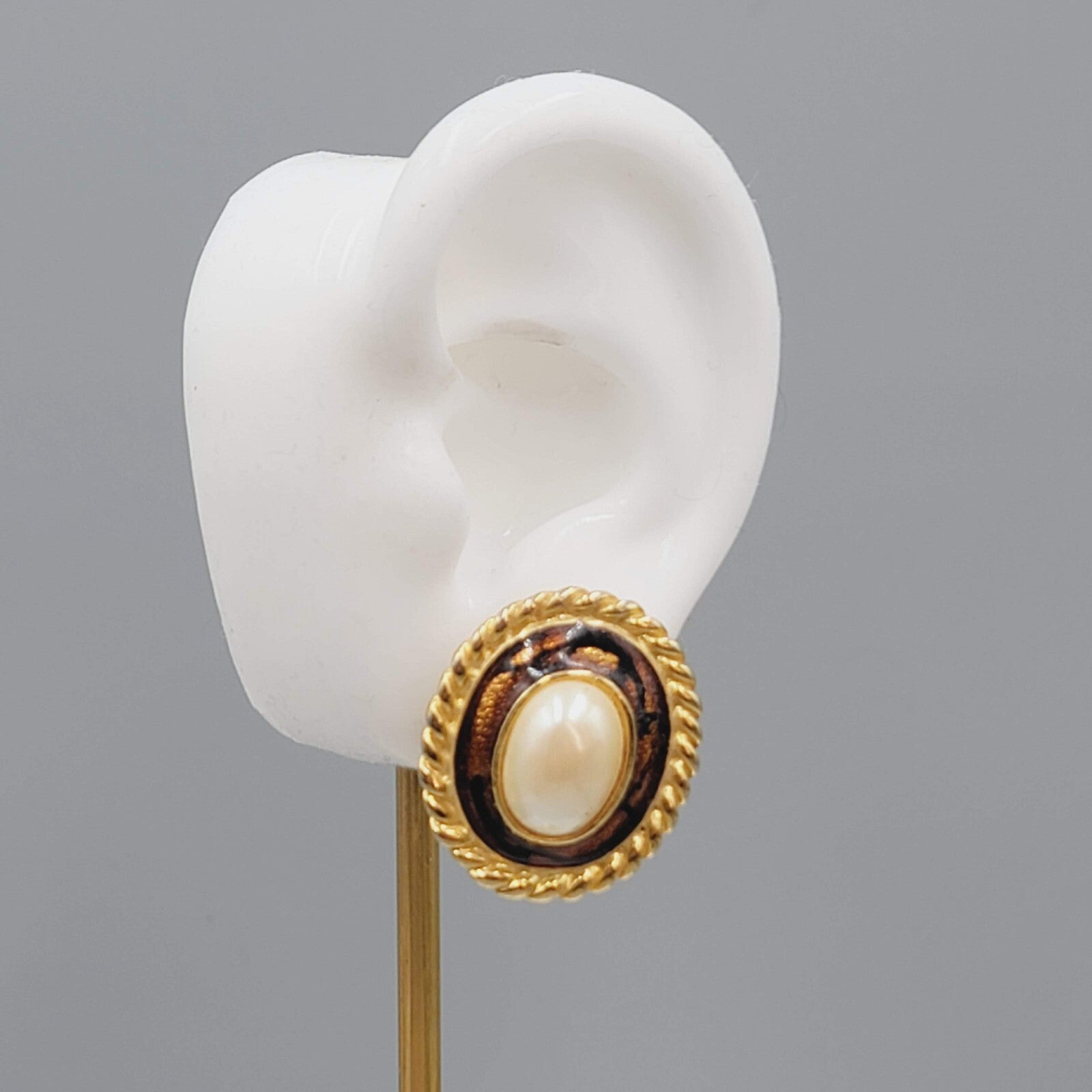 Vintage White Cabochon Pierced Earrings Enamel Yellow Gold Plated Drop 1 1/8"